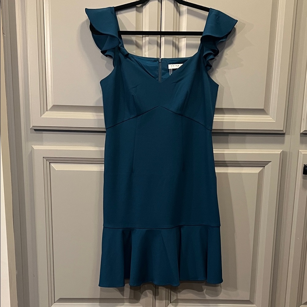 Trina Turk Teal Mini Dress with Ruffle Sleeves